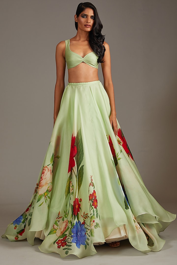Mint Green Organza Digital Printed Wedding Lehenga Set by Rohit Bal at Pernia's Pop Up Shop