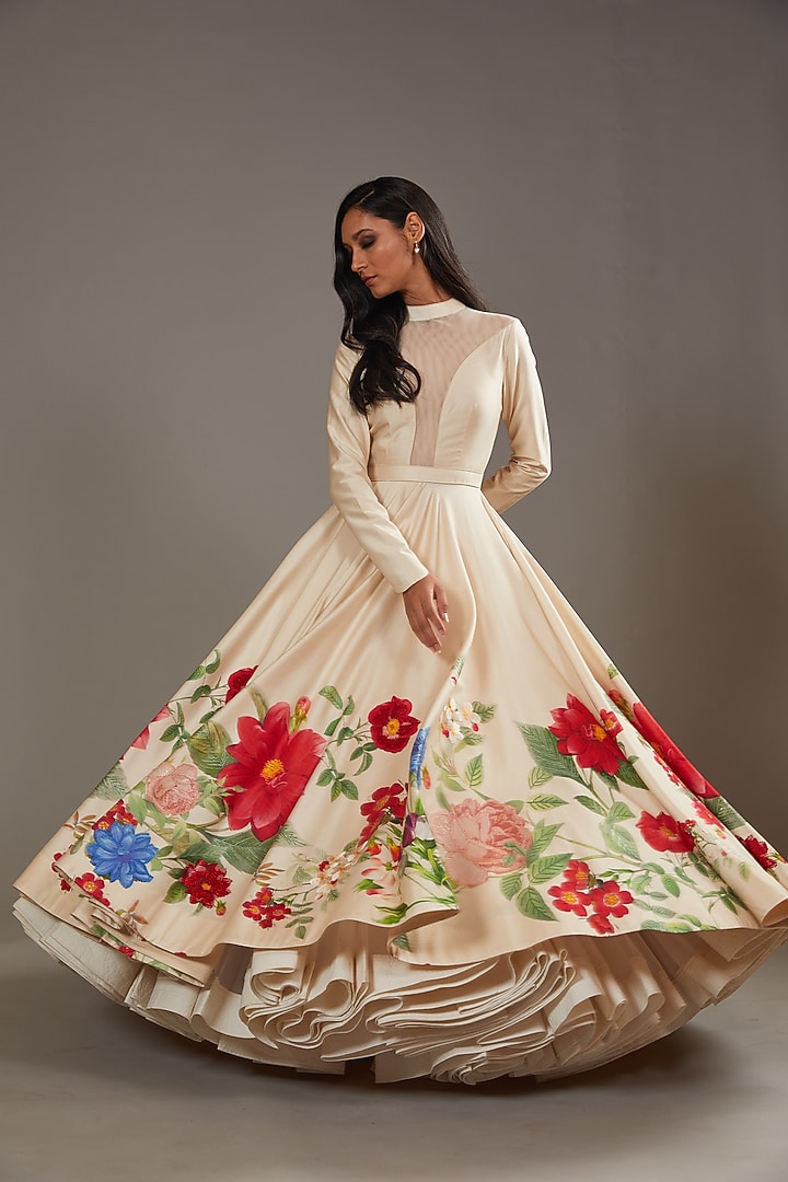 Ivory Chanderi Digital Printed Bridal Anarkali Set by Rohit Bal at Pernia's Pop Up Shop