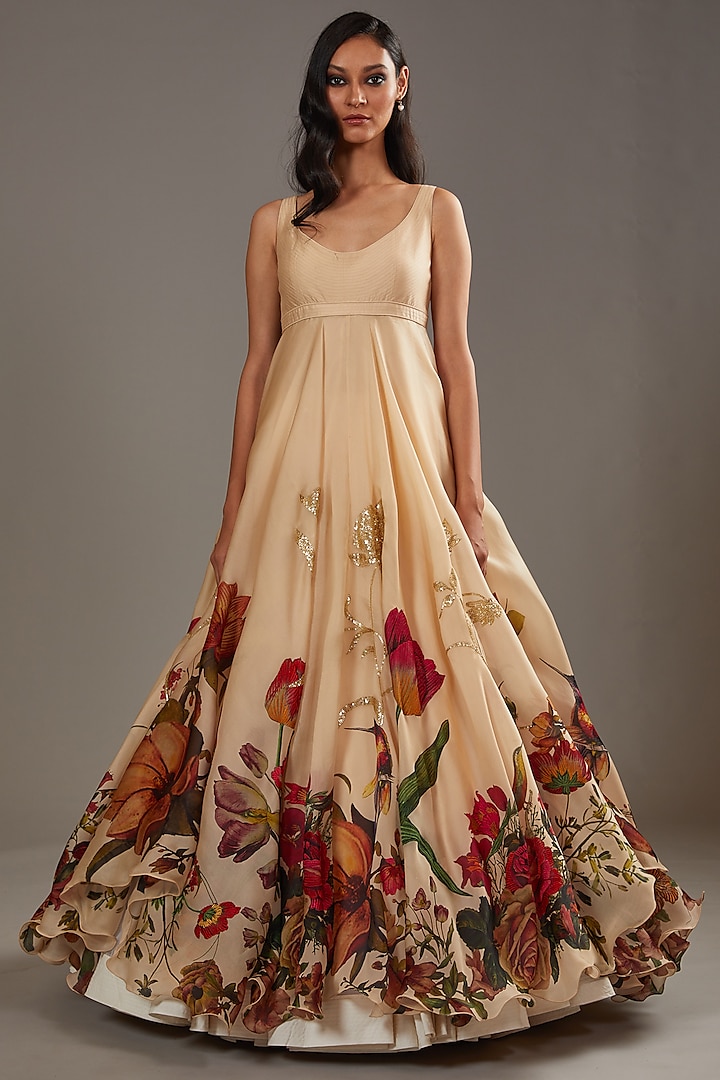 Beige Chanderi & Organza Digital Printed Bridal Anarkali Set by Rohit Bal at Pernia's Pop Up Shop