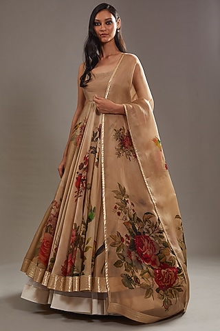 Beige Chanderi & Organza Digital Printed Anarkali Set by Rohit Bal