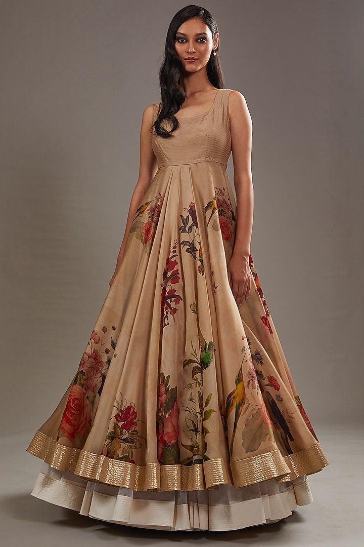 Beige Chanderi & Organza Digital Printed Wedding Anarkali Set by Rohit Bal at Pernia's Pop Up Shop