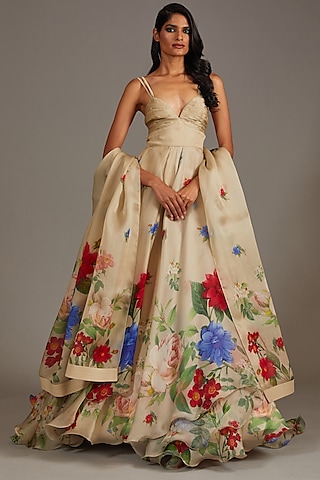 Light Pewter Organza Digital Printed Anarkali Set by Rohit Bal