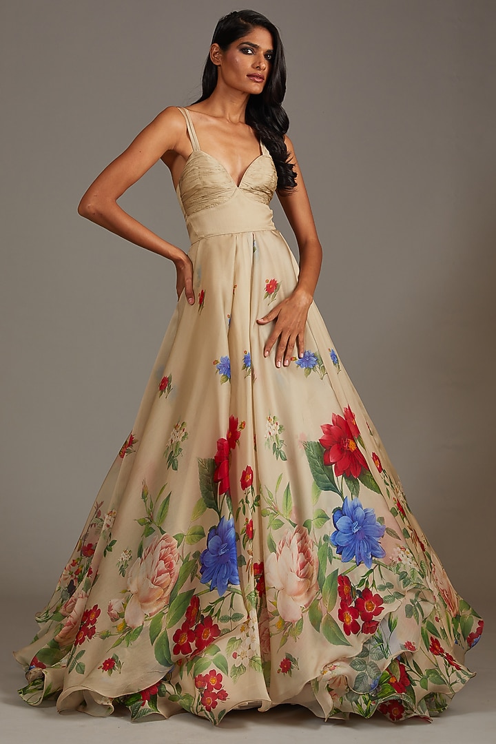 Light Pewter Organza Digital Printed Bridal Anarkali Set by Rohit Bal at Pernia's Pop Up Shop