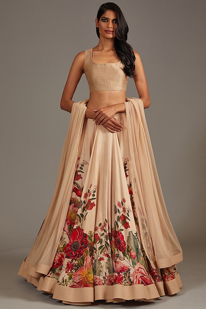 Beige Satin Digital Printed Wedding Lehenga Set by Rohit Bal at Pernia's Pop Up Shop