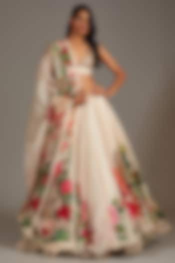 Ivory Organza Digital Printed Lehenga Set by Rohit Bal