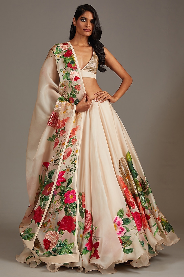 Ivory Organza Digital Printed Lehenga Set by Rohit Bal