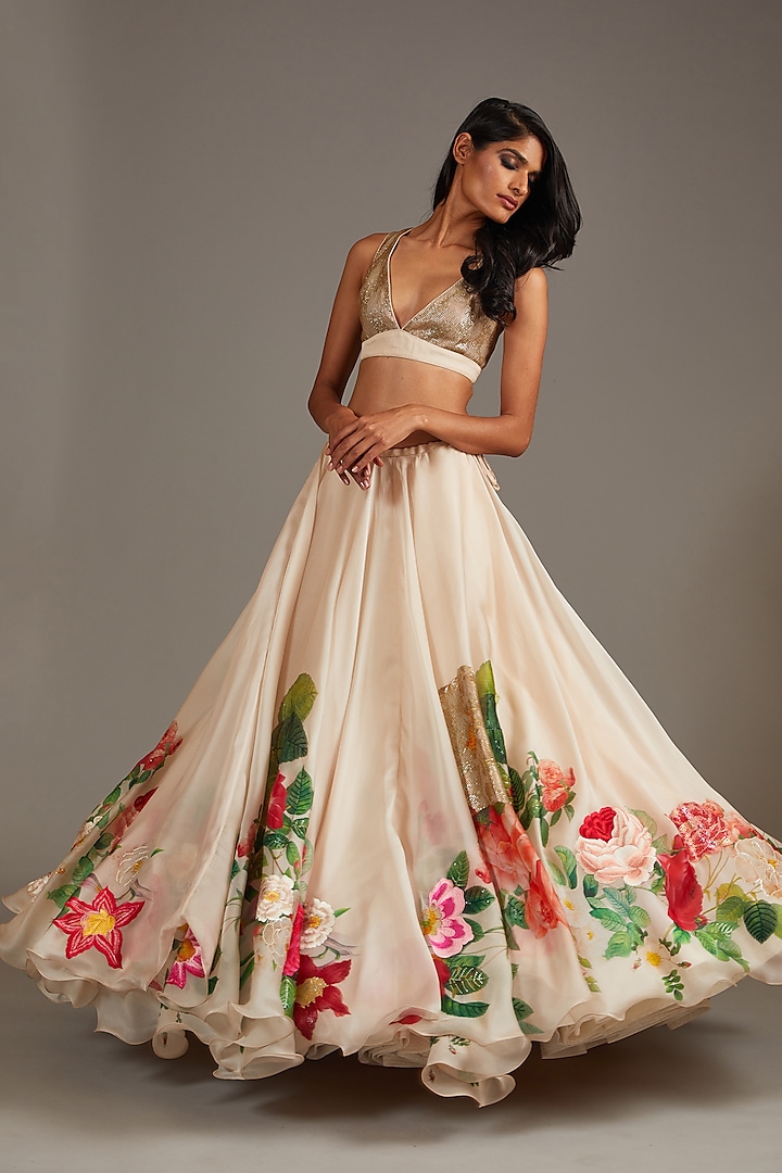 Ivory Organza Digital Printed Bridal Lehenga Set by Rohit Bal at Pernia's Pop Up Shop