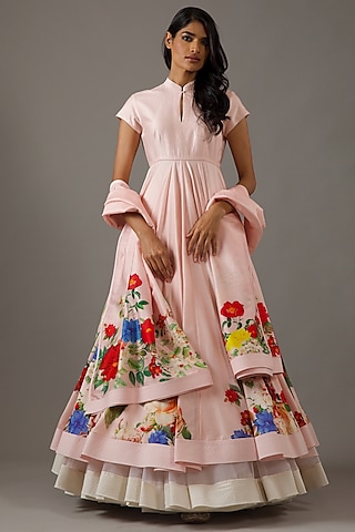 Pink Chanderi Digital Printed Anarkali Set by Rohit Bal
