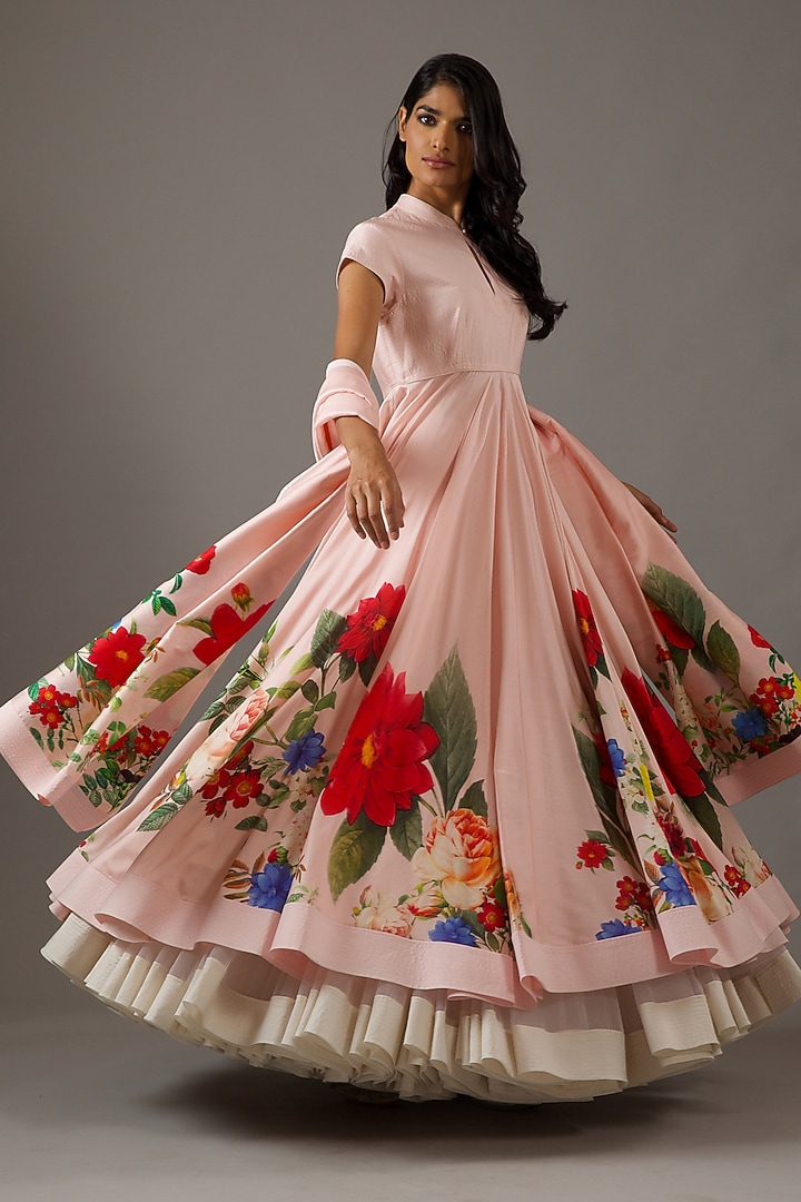 Pink Chanderi Digital Printed Wedding Anarkali Set by Rohit Bal at Pernia's Pop Up Shop
