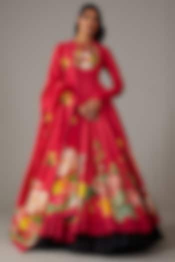 Red Chanderi Digital Printed & Embroidered Anarkali Set by Rohit Bal at Pernia's Pop Up Shop