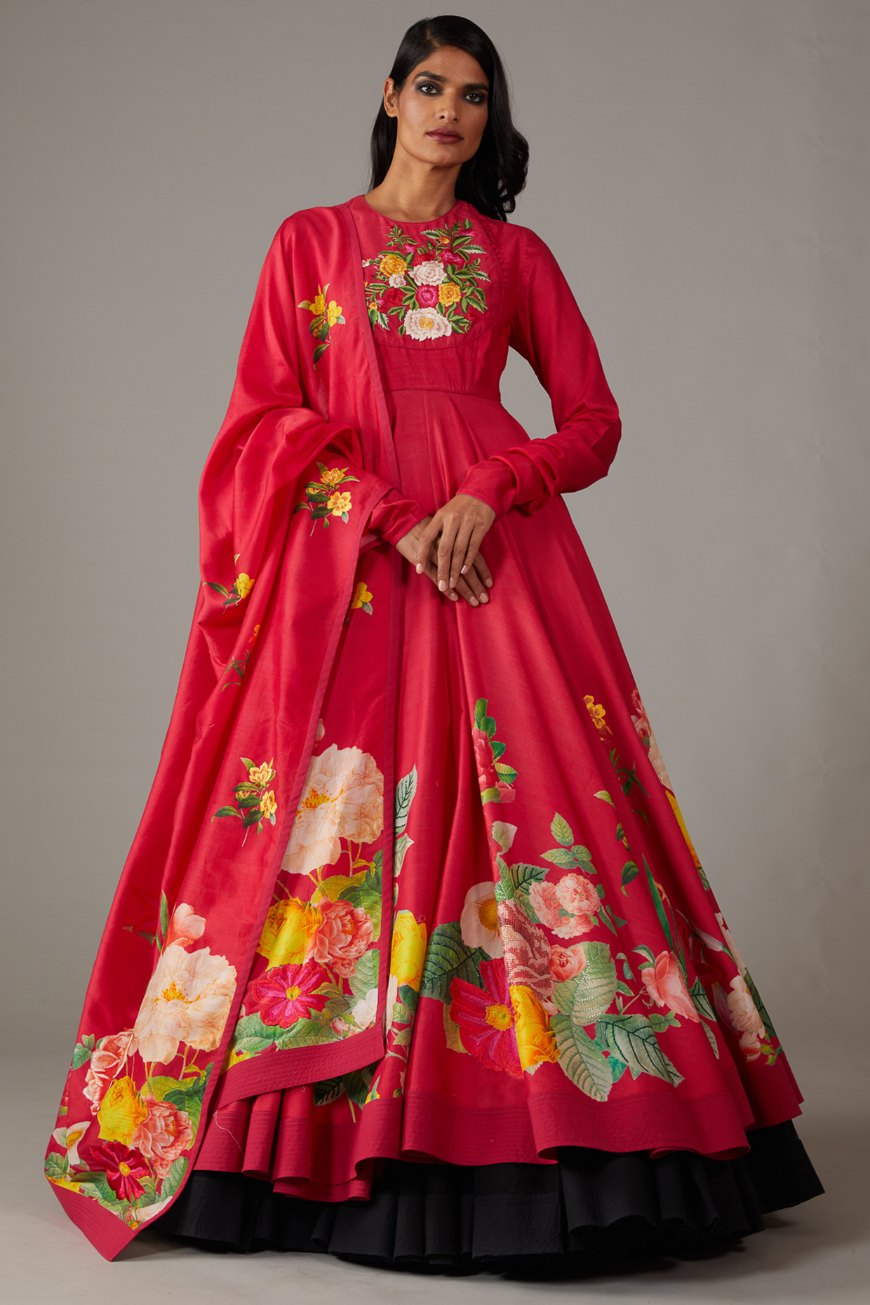 Red Chanderi Digital Printed & Embroidered Anarkali Set by Rohit Bal at Pernia's Pop Up Shop