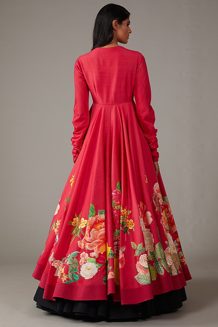 Red Chanderi Digital Printed & Embroidered Bridal Anarkali Set by Rohit Bal at Pernia's Pop Up Shop