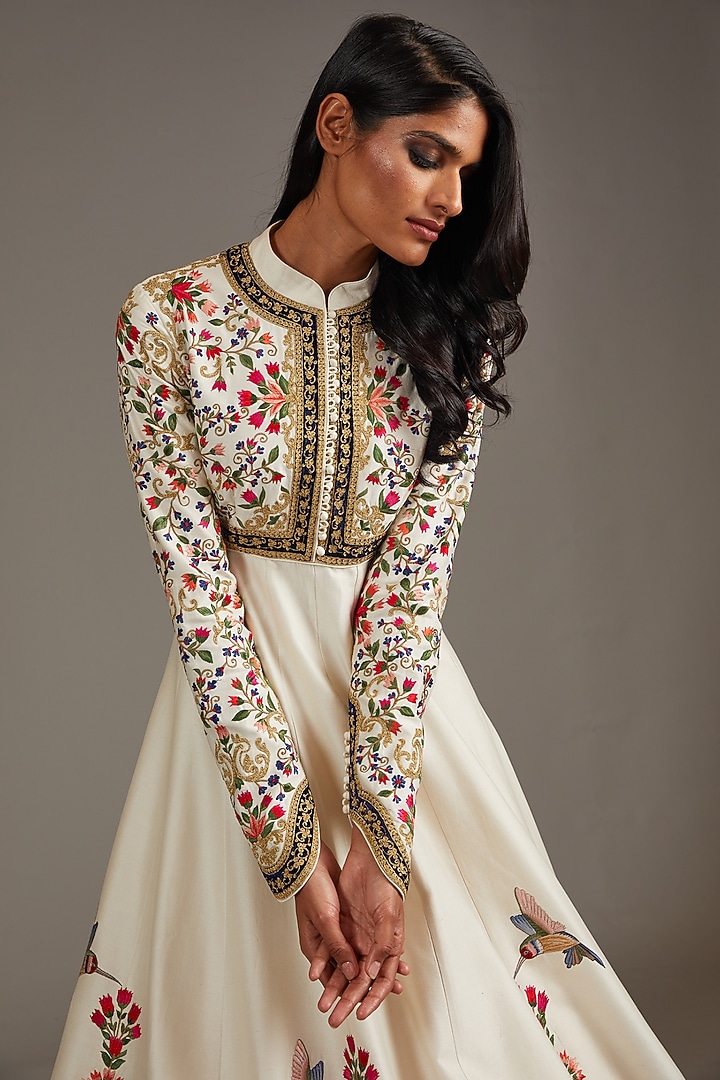 Ivory Chanderi Digital Printed & Embroidered Bridal Anarkali Set by Rohit Bal at Pernia's Pop Up Shop