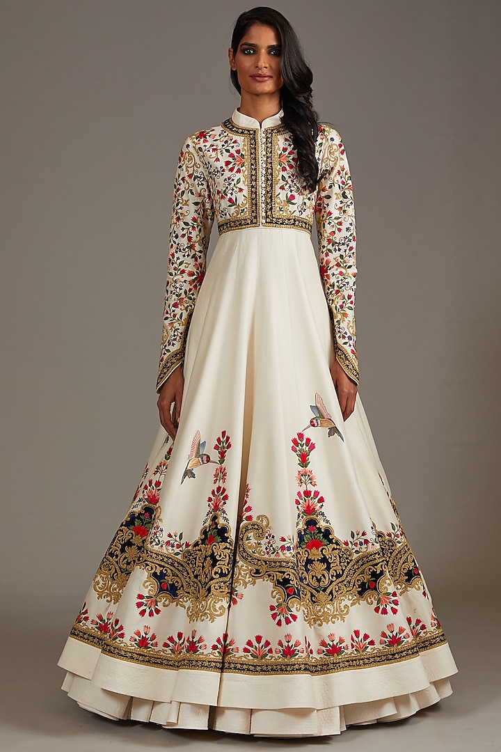 Ivory Chanderi Digital Printed & Embroidered Bridal Anarkali Set by Rohit Bal at Pernia's Pop Up Shop