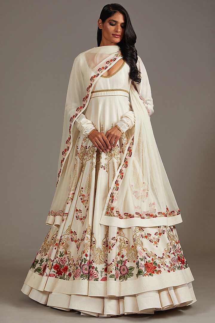 Ivory Chanderi Digital Printed & Embroidered Anarkali Set by Rohit Bal