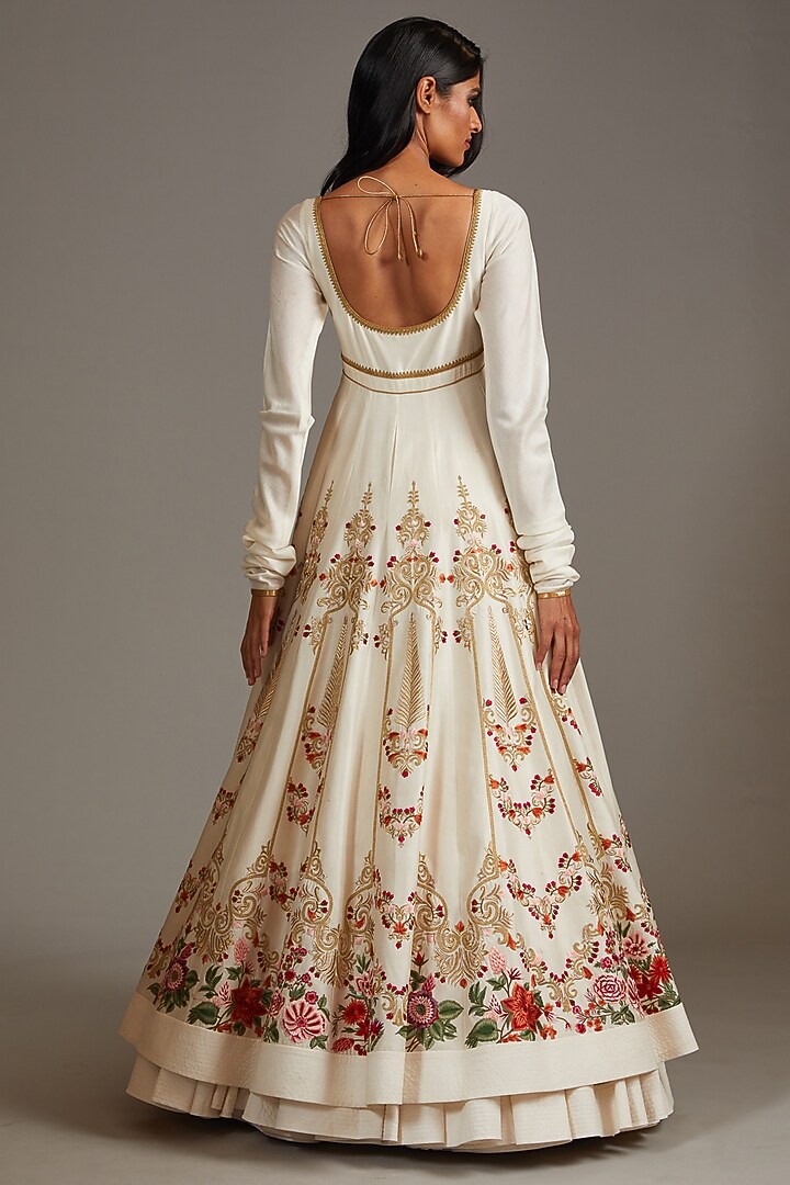 Ivory Chanderi Digital Printed & Embroidered Bridal Anarkali Set by Rohit Bal at Pernia's Pop Up Shop