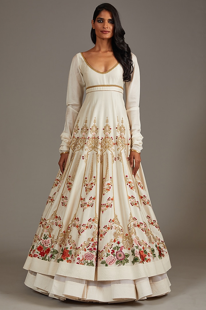 Ivory Chanderi Digital Printed & Embroidered Bridal Anarkali Set by Rohit Bal at Pernia's Pop Up Shop