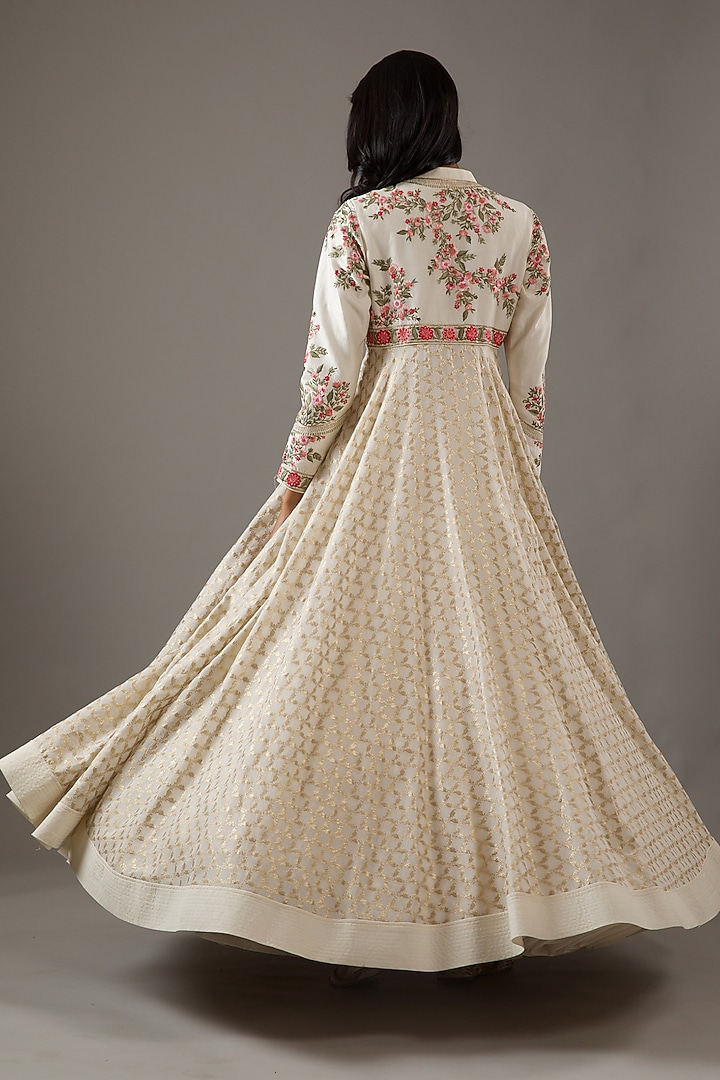 Ivory Chanderi Machine Embroidered Wedding Anarkali Set by Rohit Bal at Pernia's Pop Up Shop