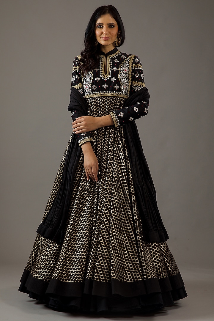 Black Silk Chanderi Embroidered Anarkali Set by Rohit Bal