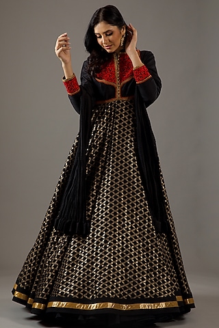 Black Silk Chanderi Embroidered Anarkali Set by Rohit Bal