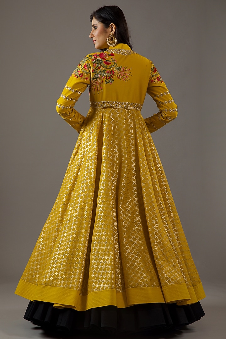 Mustard Silk Chanderi Embroidered Wedding Anarkali Set by Rohit Bal at Pernia's Pop Up Shop