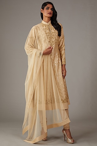 Beige Silk Chanderi Dori Embroidered Kurta Set by Rohit Bal