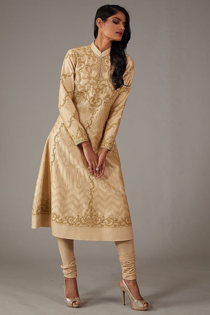 Beige Silk Chanderi Dori Embroidered Kurta Set by Rohit Bal at Pernia's Pop Up Shop