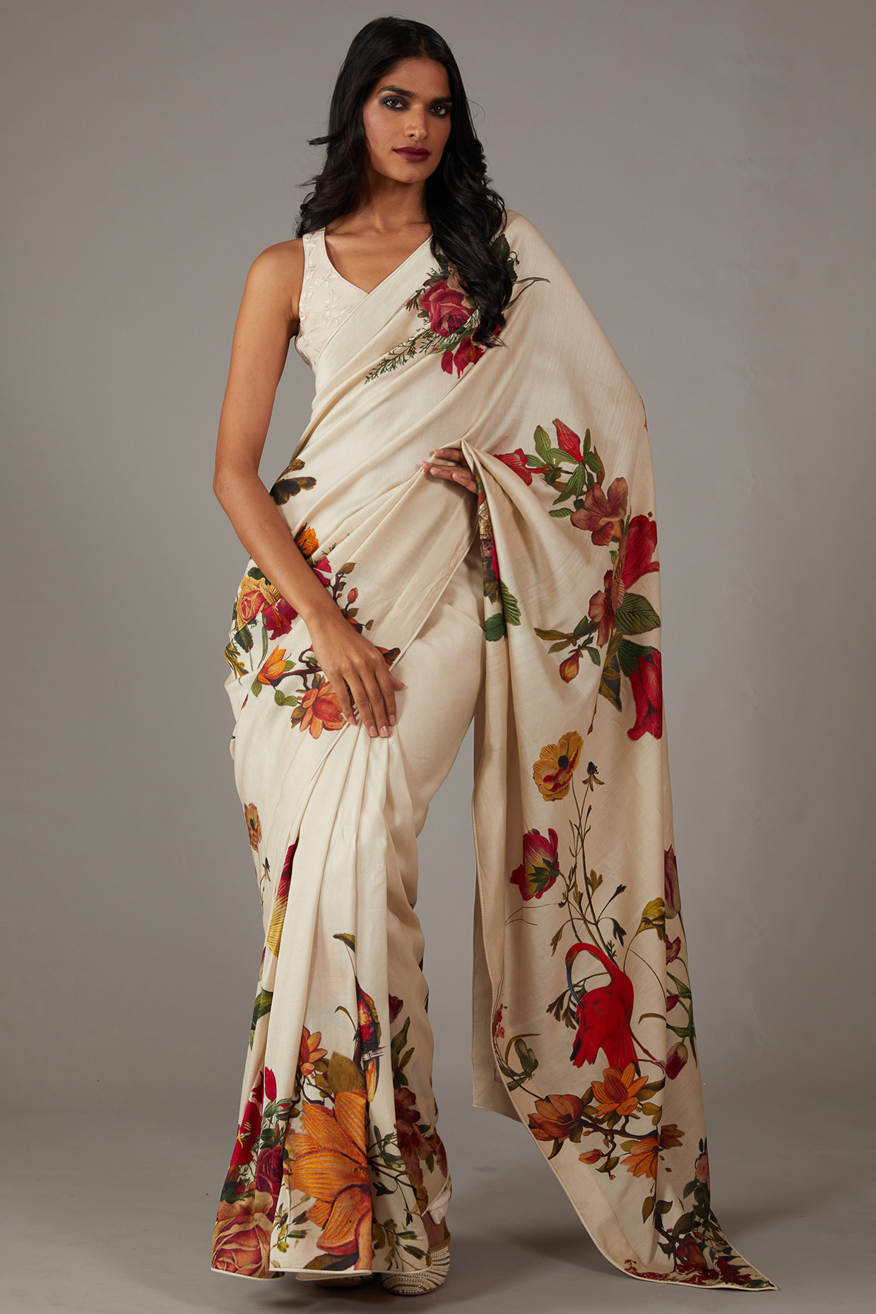 Ivory Silk Chanderi Printed & Embroidered Wedding Saree Set by Rohit Bal at Pernia's Pop Up Shop