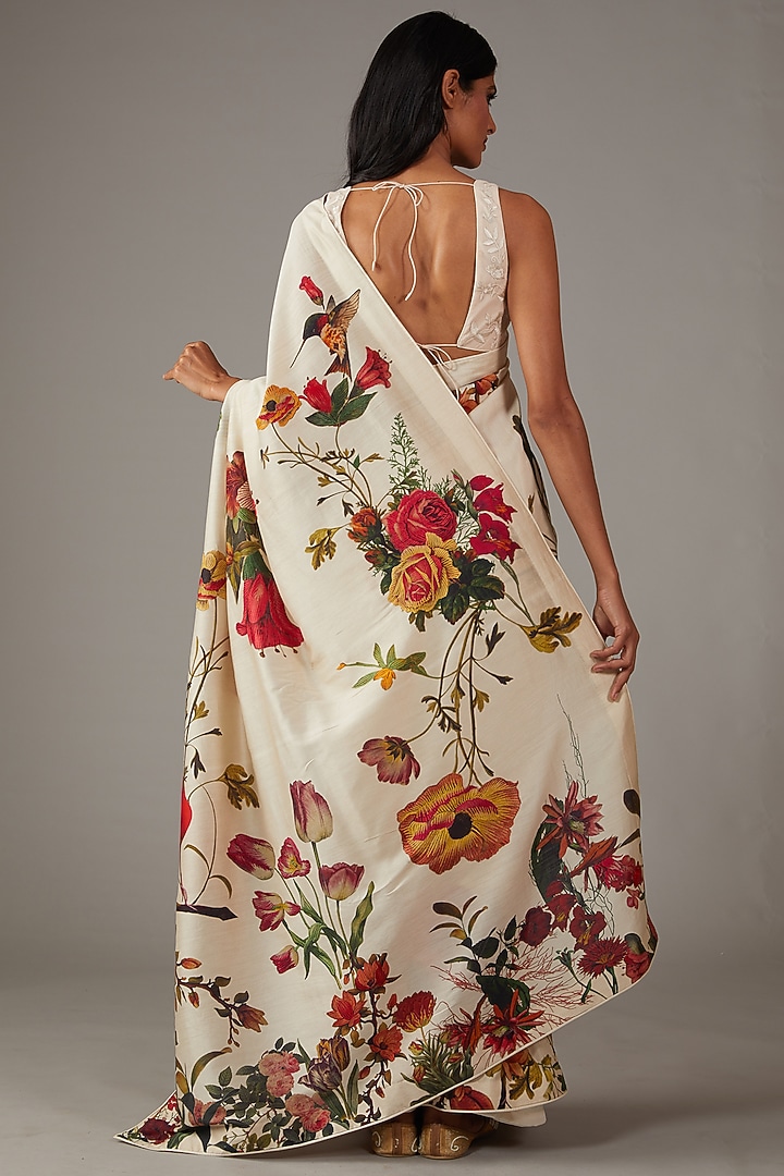 Ivory Silk Chanderi Printed & Embroidered Wedding Saree Set by Rohit Bal at Pernia's Pop Up Shop