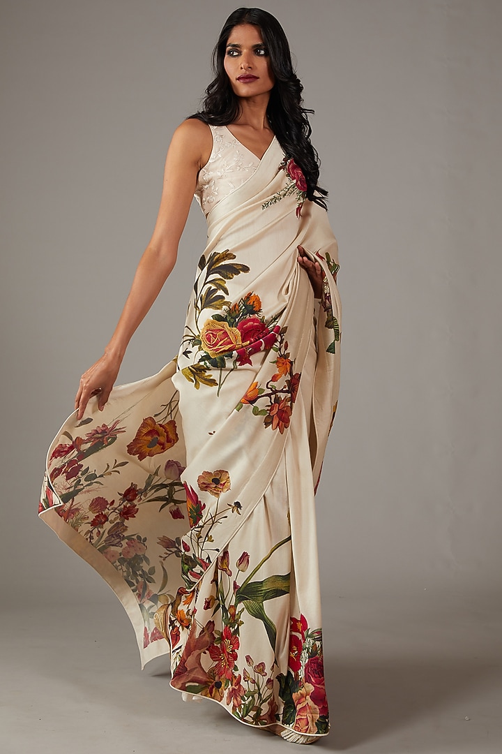 Ivory Silk Chanderi Printed & Embroidered Wedding Saree Set by Rohit Bal at Pernia's Pop Up Shop