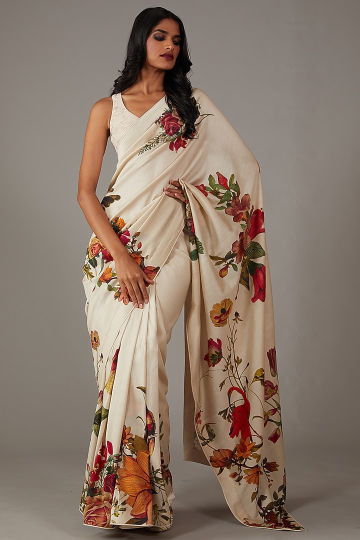 Ivory Silk Chanderi Printed & Embroidered Wedding Saree Set by Rohit Bal at Pernia's Pop Up Shop