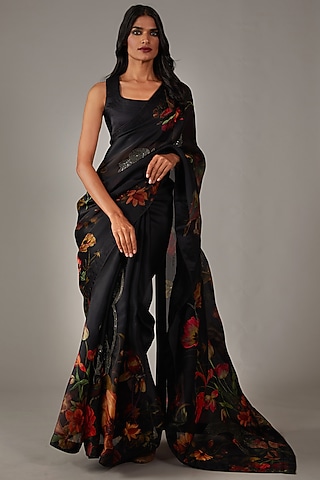 Black Organza Embroidered Saree Set by Rohit Bal