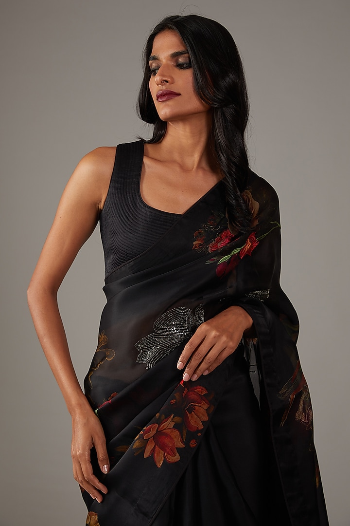 Black Organza Embroidered Reception Saree Set by Rohit Bal at Pernia's Pop Up Shop