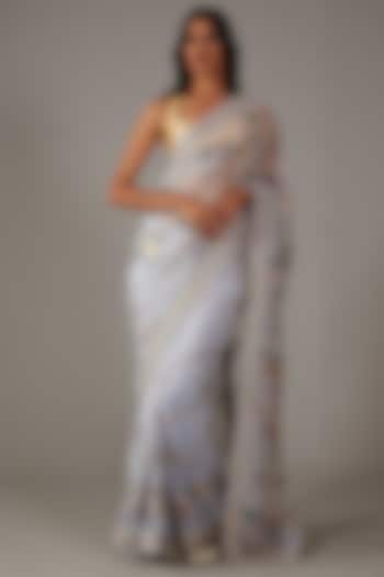 Powder Blue Dobby & Organza Embroidered Reception Saree Set by Rohit Bal at Pernia's Pop Up Shop