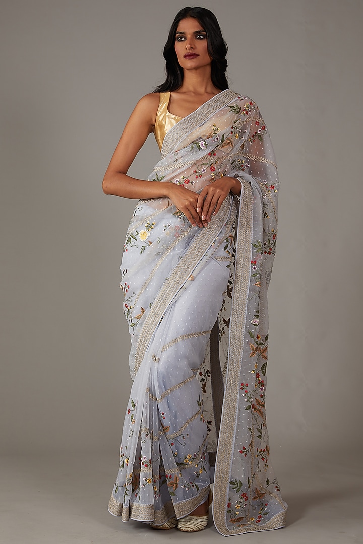 Powder Blue Dobby & Organza Embroidered Reception Saree Set by Rohit Bal at Pernia's Pop Up Shop