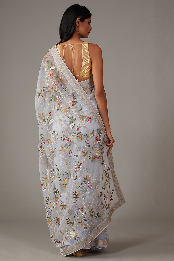 Powder Blue Dobby & Organza Embroidered Reception Saree Set by Rohit Bal at Pernia's Pop Up Shop