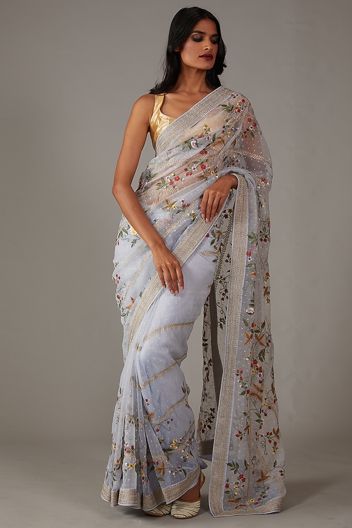 Powder Blue Dobby & Organza Embroidered Reception Saree Set by Rohit Bal at Pernia's Pop Up Shop