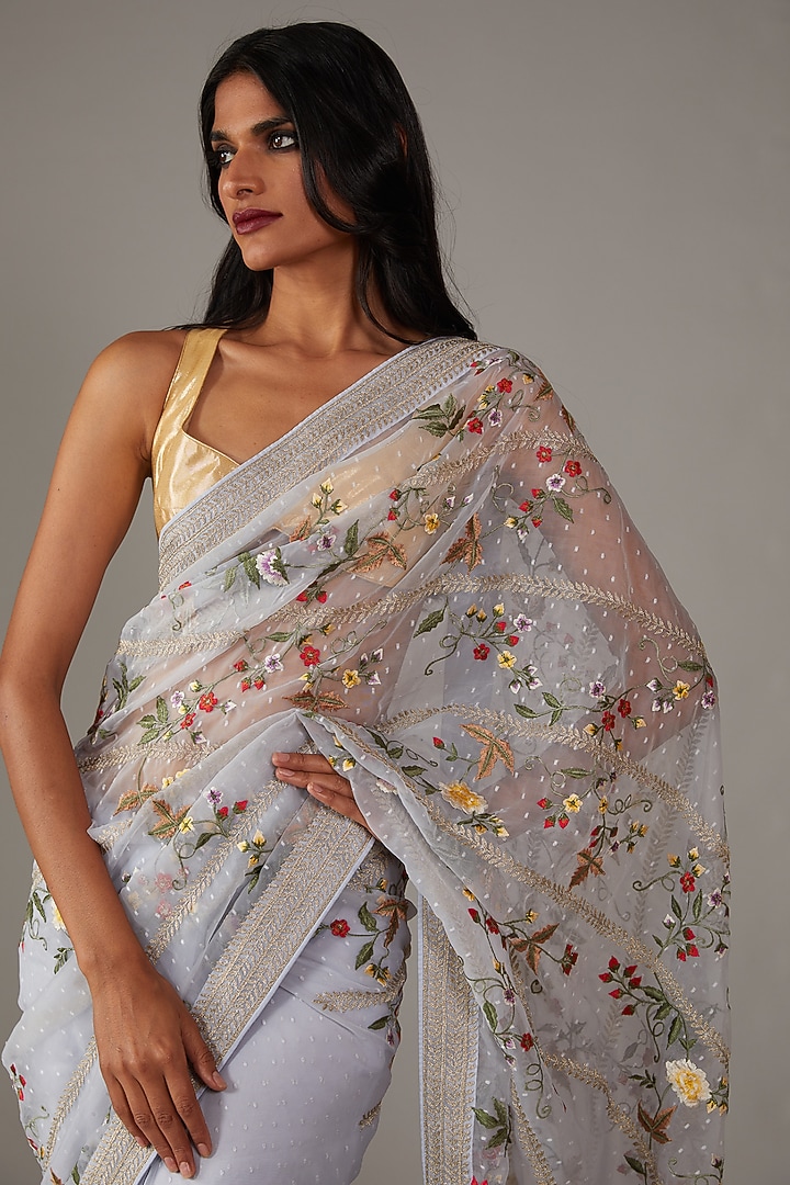 Powder Blue Dobby & Organza Embroidered Reception Saree Set by Rohit Bal at Pernia's Pop Up Shop