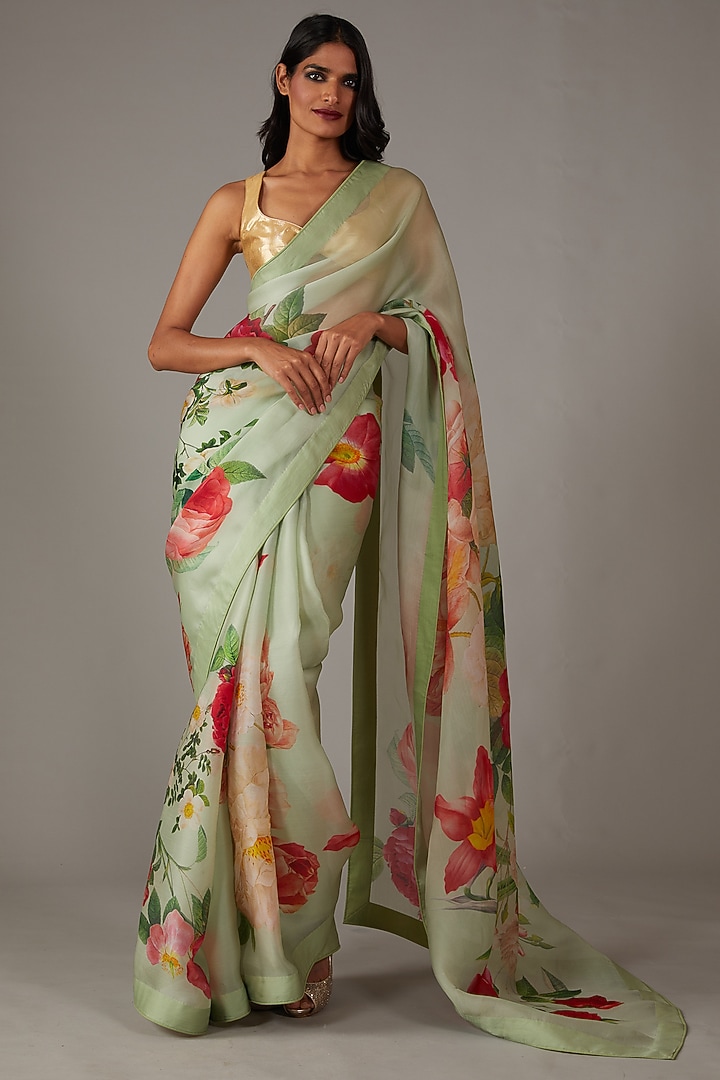 Mint Green Organza Printed Wedding Saree Set by Rohit Bal at Pernia's Pop Up Shop