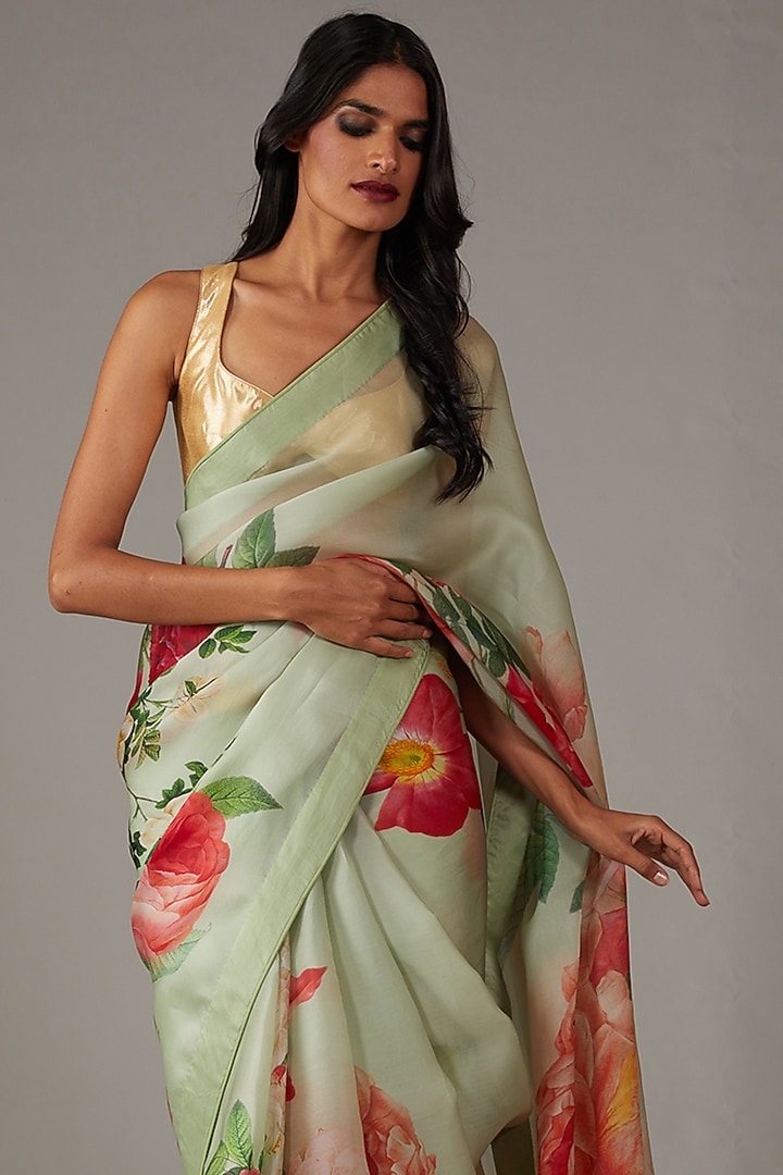 Mint Green Organza Printed Wedding Saree Set by Rohit Bal at Pernia's Pop Up Shop