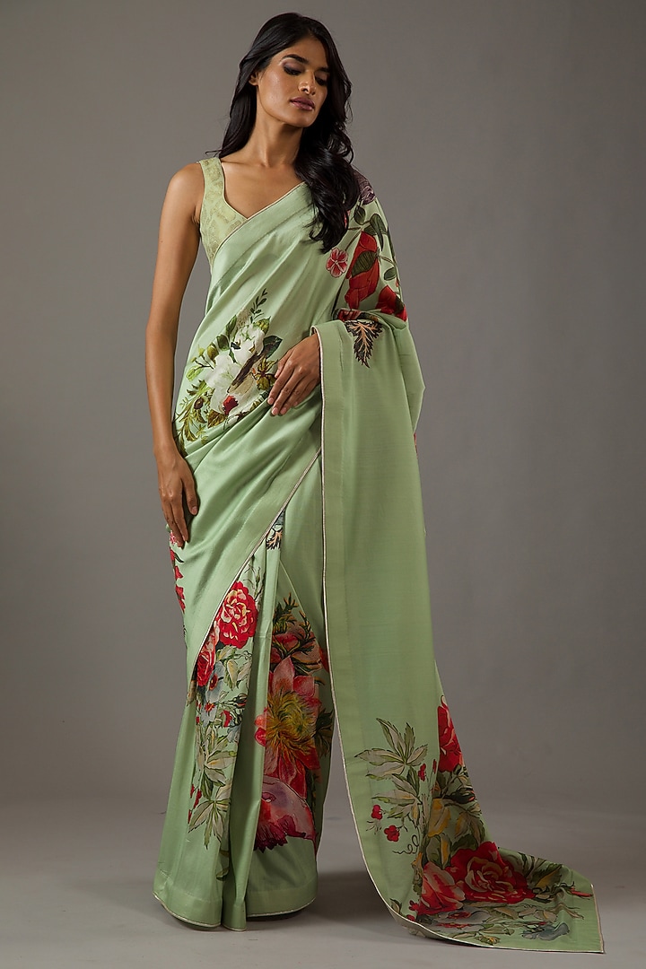 Mint Green Silk Chanderi Printed Wedding Saree Set by Rohit Bal at Pernia's Pop Up Shop