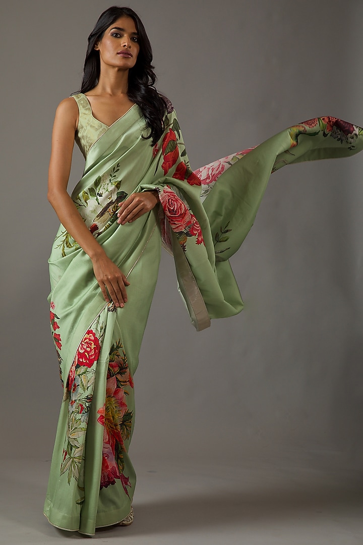 Mint Green Silk Chanderi Printed Wedding Saree Set by Rohit Bal at Pernia's Pop Up Shop