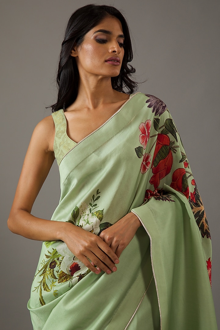 Mint Green Silk Chanderi Printed Wedding Saree Set by Rohit Bal at Pernia's Pop Up Shop