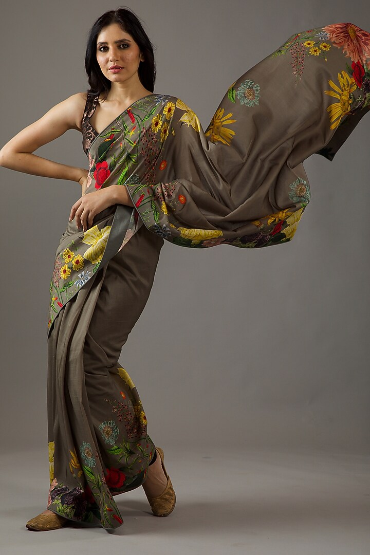 Pewter Silk Chanderi Printed Wedding Saree Set by Rohit Bal at Pernia's Pop Up Shop