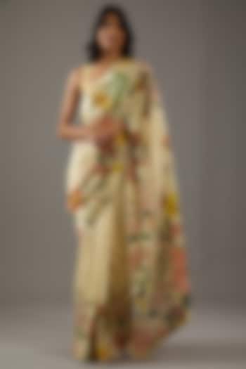 Lemon Yellow Silk Chanderi Printed Wedding Saree Set by Rohit Bal at Pernia's Pop Up Shop