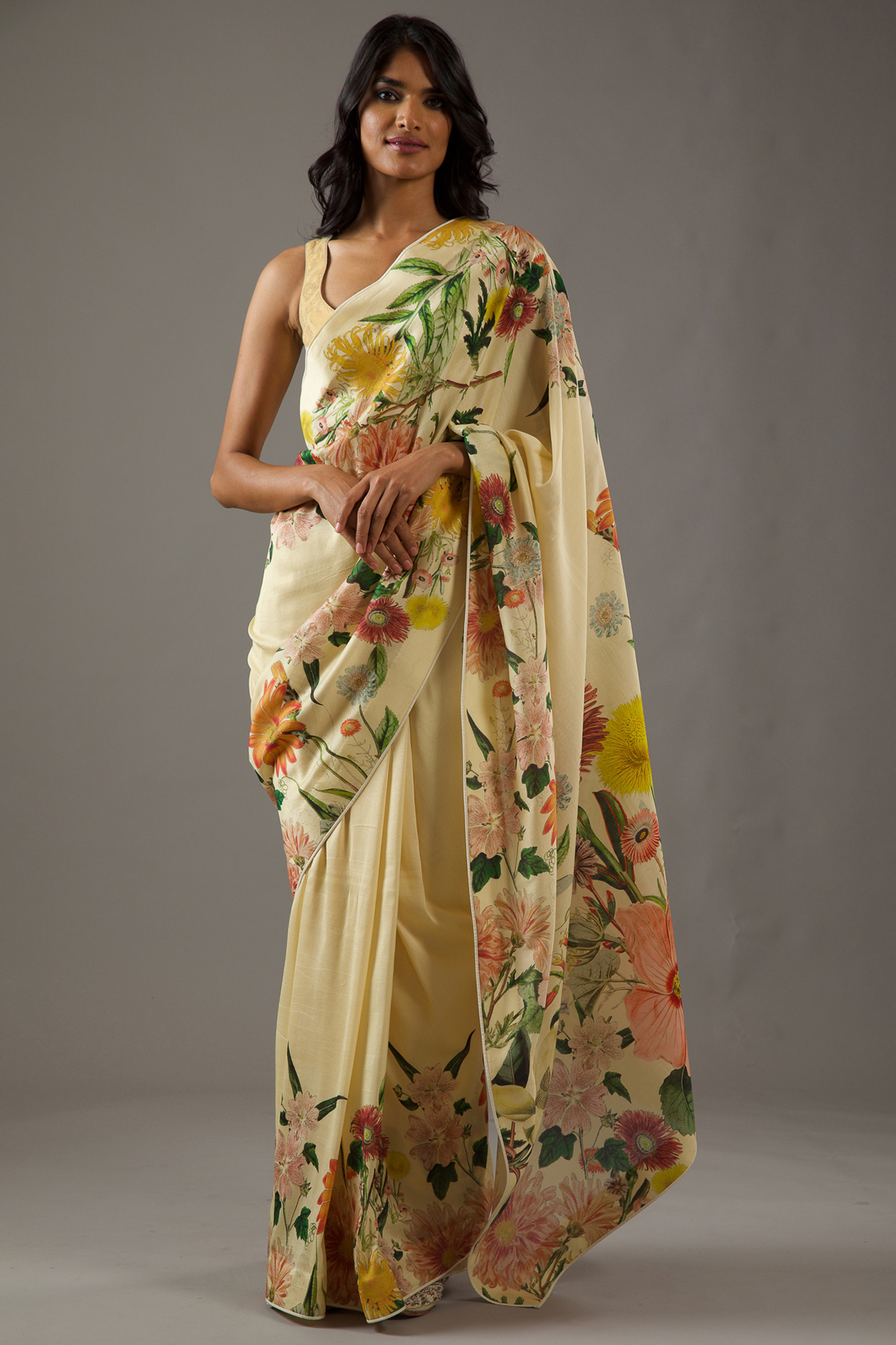 Lemon Yellow Silk Chanderi Printed Wedding Saree Set by Rohit Bal at Pernia's Pop Up Shop