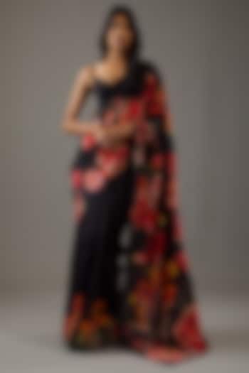Black Silk Chanderi Printed Wedding Saree Set by Rohit Bal at Pernia's Pop Up Shop