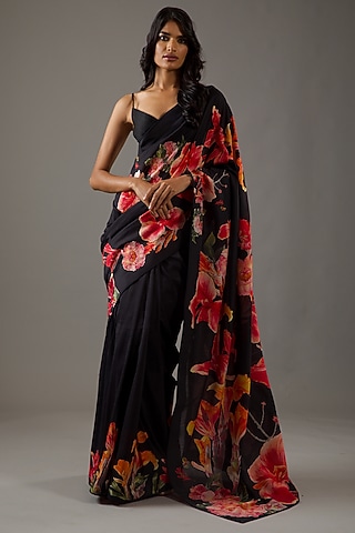 Black Silk Chanderi Printed Saree Set by Rohit Bal