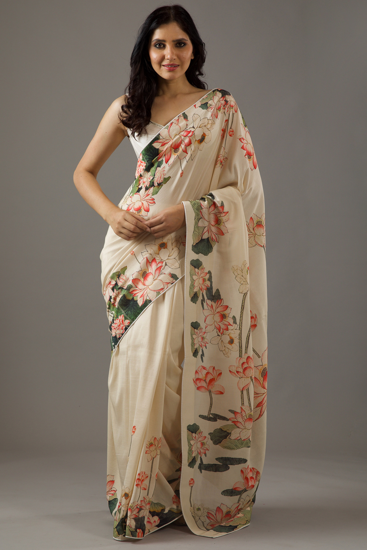 Ivory Silk Chanderi Printed Wedding Saree Set by Rohit Bal at Pernia's Pop Up Shop
