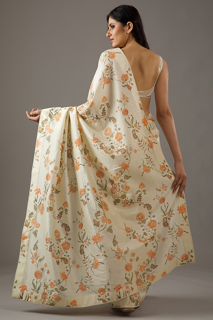 Ivory Silk Chanderi Printed Wedding Saree Set by Rohit Bal at Pernia's Pop Up Shop